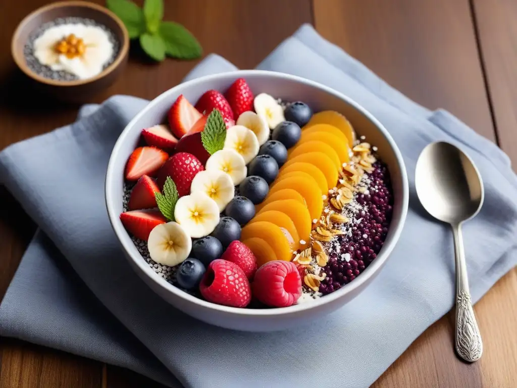 Desayuno vegano energético sin huevos: Acai bowl con frutas, semillas y miel en una mesa de madera elegante y moderna