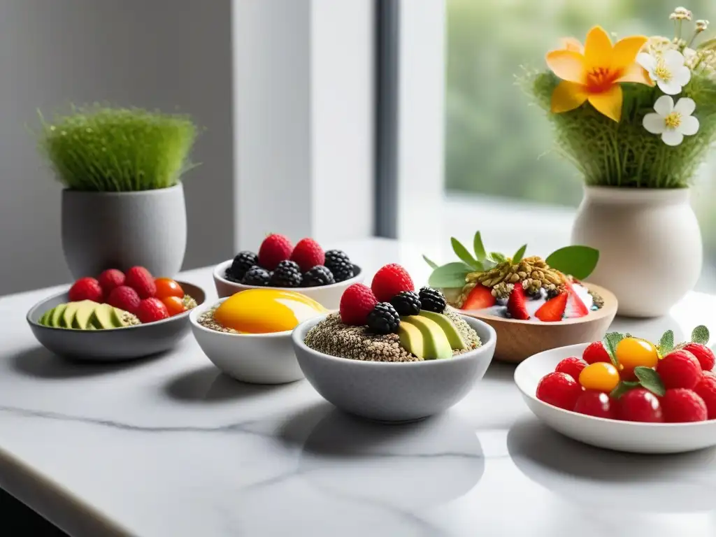 Un desayuno vegano energético sin huevos: Chía pudding, tostada de aguacate, yogur de coco y smoothie bowl en un entorno fresco y vibrante