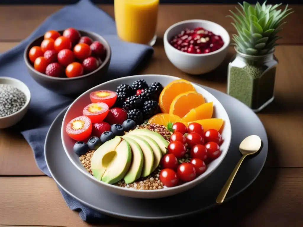 Un desayuno vegano energético sin huevos: Acai bowl, chía pudding, tostadas de aguacate y jugo de naranja en una mesa moderna y colorida