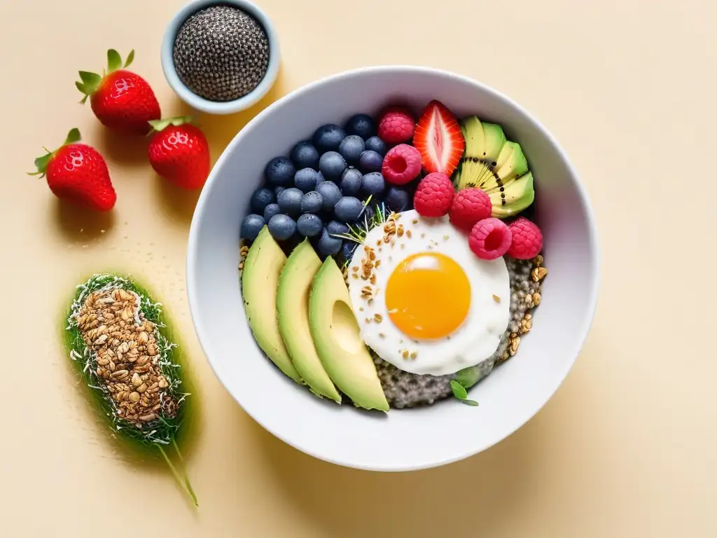 Desayuno vegano energético sin huevos: chía con bayas, tostada de aguacate y smoothie bowl vibrante