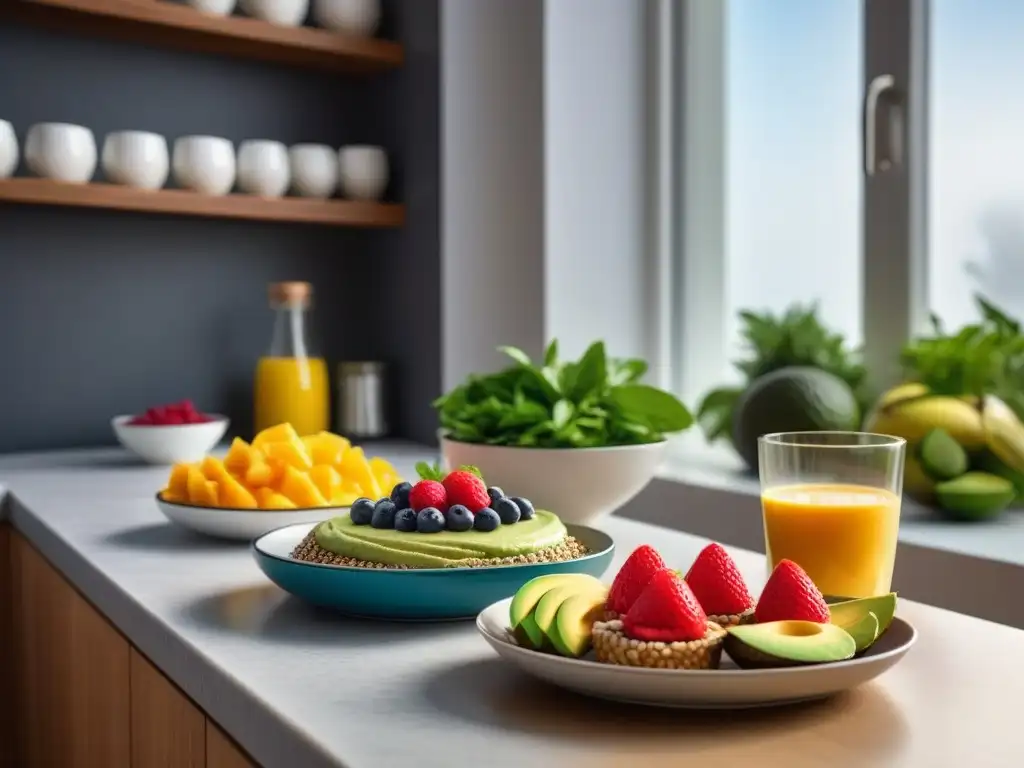 Desayuno vegano energético con libros de cocina en una cocina elegante y colorida