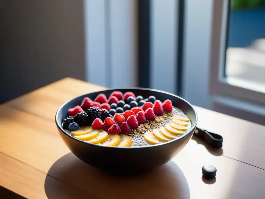 Desayuno vegano energético: smoothie bowl colorido con frutas frescas y semillas, junto a zapatillas y agua, en mesa de madera iluminada por el sol