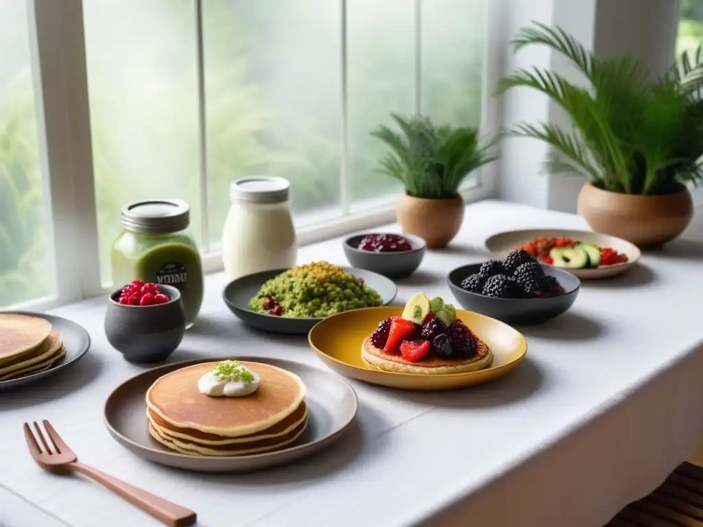 Un desayuno vegano fermentado en una mesa bellamente decorada con opciones probióticas