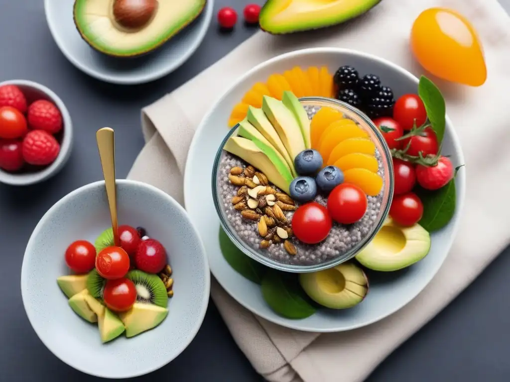 Desayuno vegano con chía, aguacate, frutas y frutos secos en mesa elegante