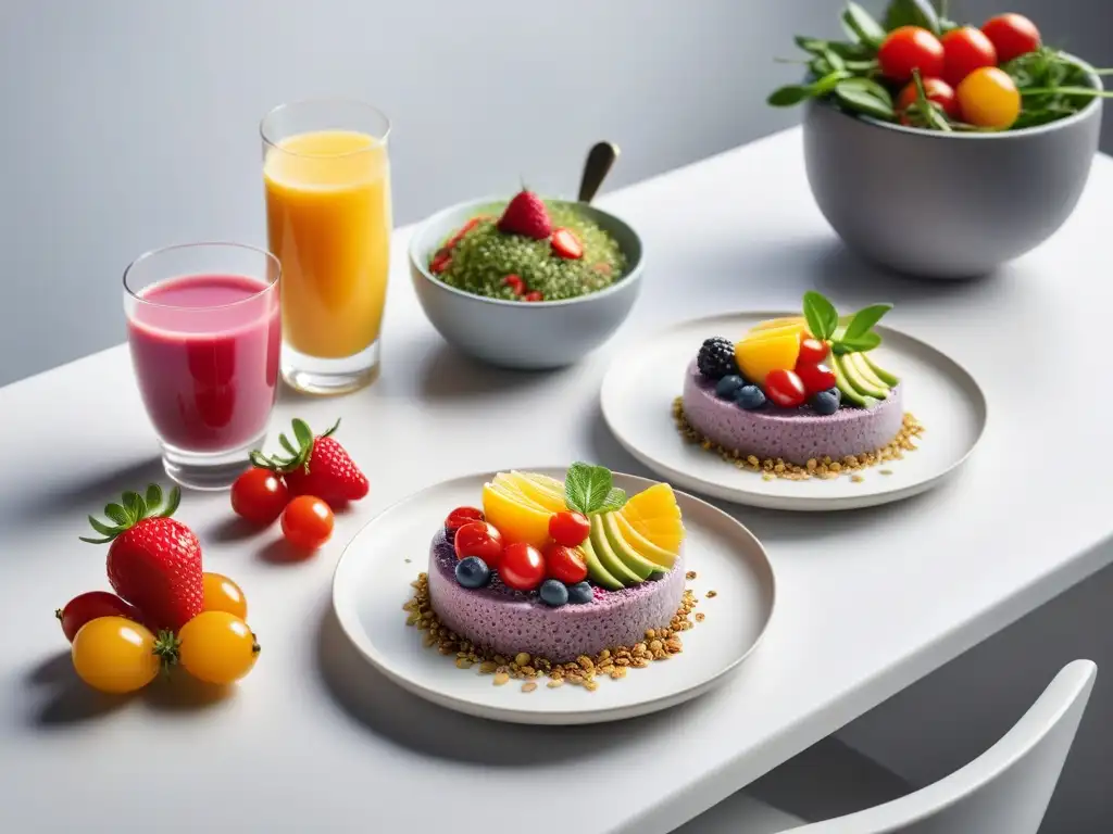 Un desayuno vegano sin gluten delicioso en una mesa vibrante y colorida en una cocina moderna y luminosa