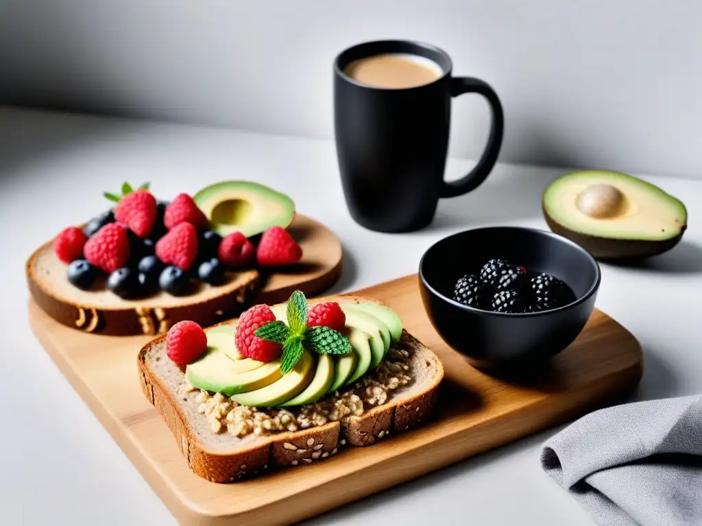 Un desayuno vegano con ingredientes simples en una mesa minimalista