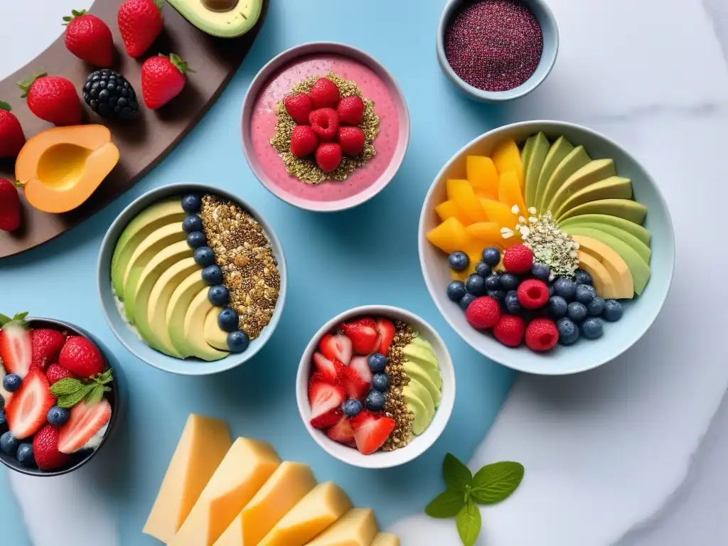 Un desayuno vegano innovador y colorido, con bowls de smoothie, tostadas de aguacate, pudín de chía y frutas frescas, presentado en una elegante encimera de mármol bajo una suave luz natural