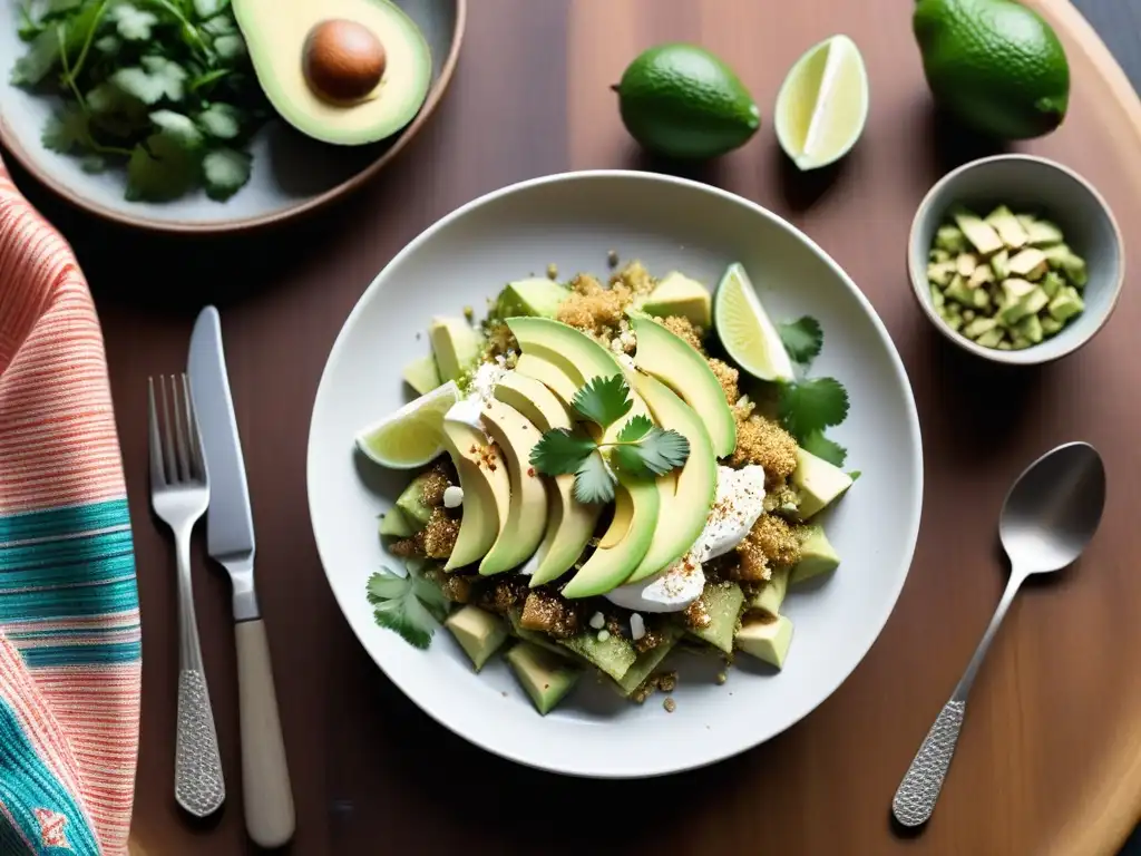 Un desayuno vegano internacional delicioso: chilaquiles verdes con tofu, aguacate y cilantro, sobre un elegante plato de cerámica