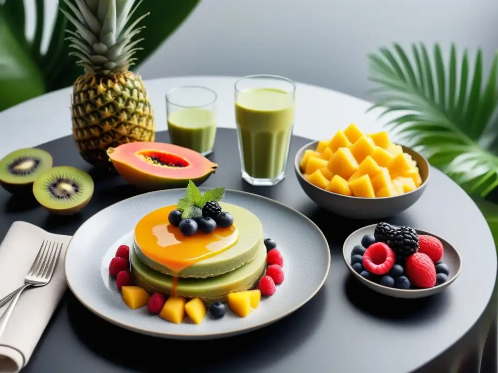 Un desayuno vegano internacional: mesa colorida con frutas tropicales, chía de coco, panqueques y smoothie de piña y menta