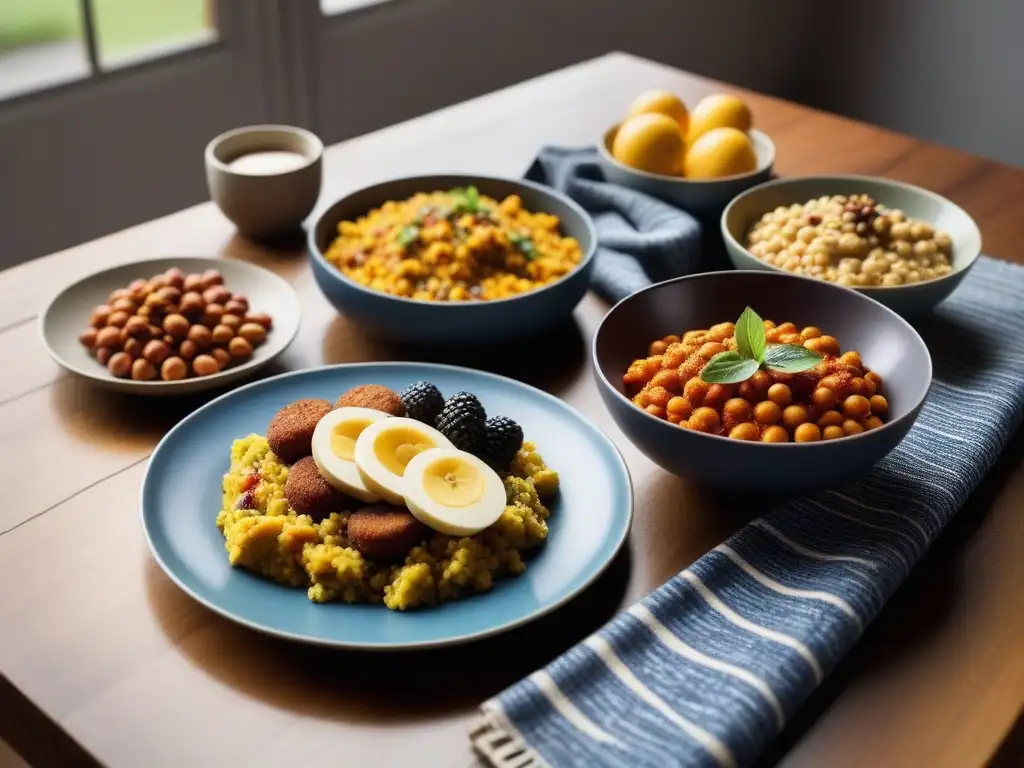 Un desayuno vegano internacional vibrante con sabores africanos en una mesa decorada con patrones y textiles tradicionales