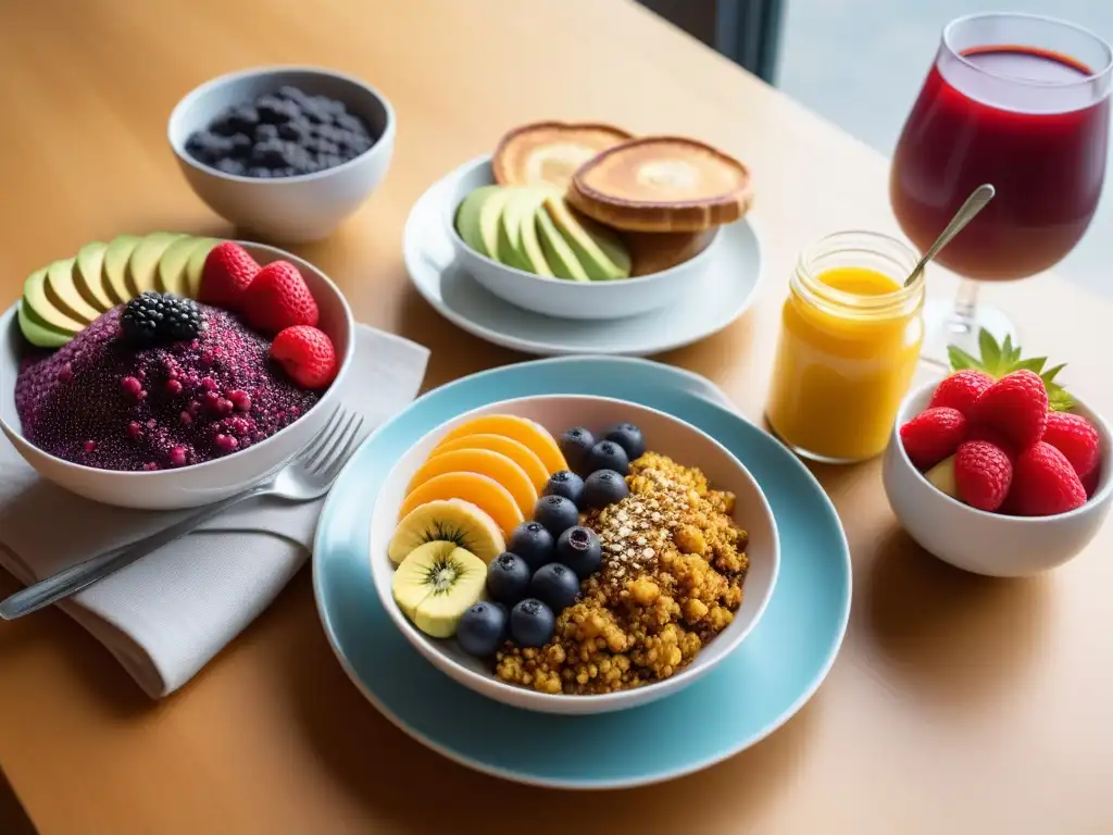 Un desayuno vegano internacional vibrante y delicioso en una mesa moderna de madera