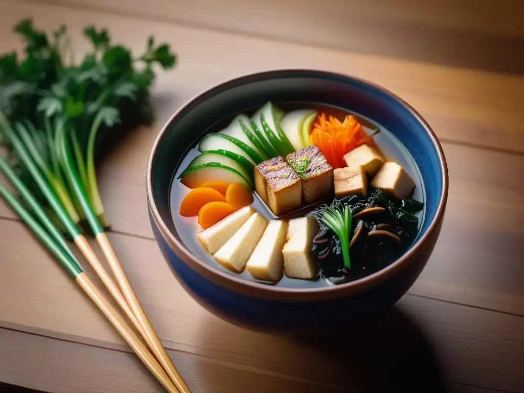 Un desayuno vegano japonés exquisitamente presentado con Miso Shiru y vegetales frescos