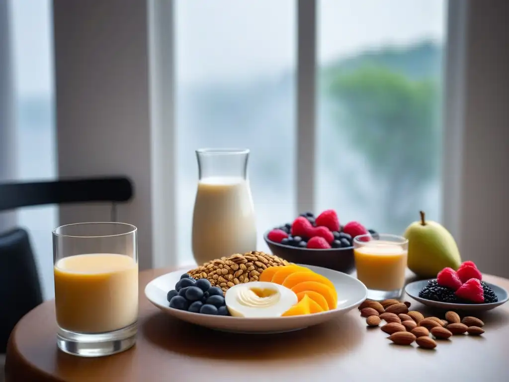 Desayuno vegano con leches vegetales y frutas frescas en elegante vajilla