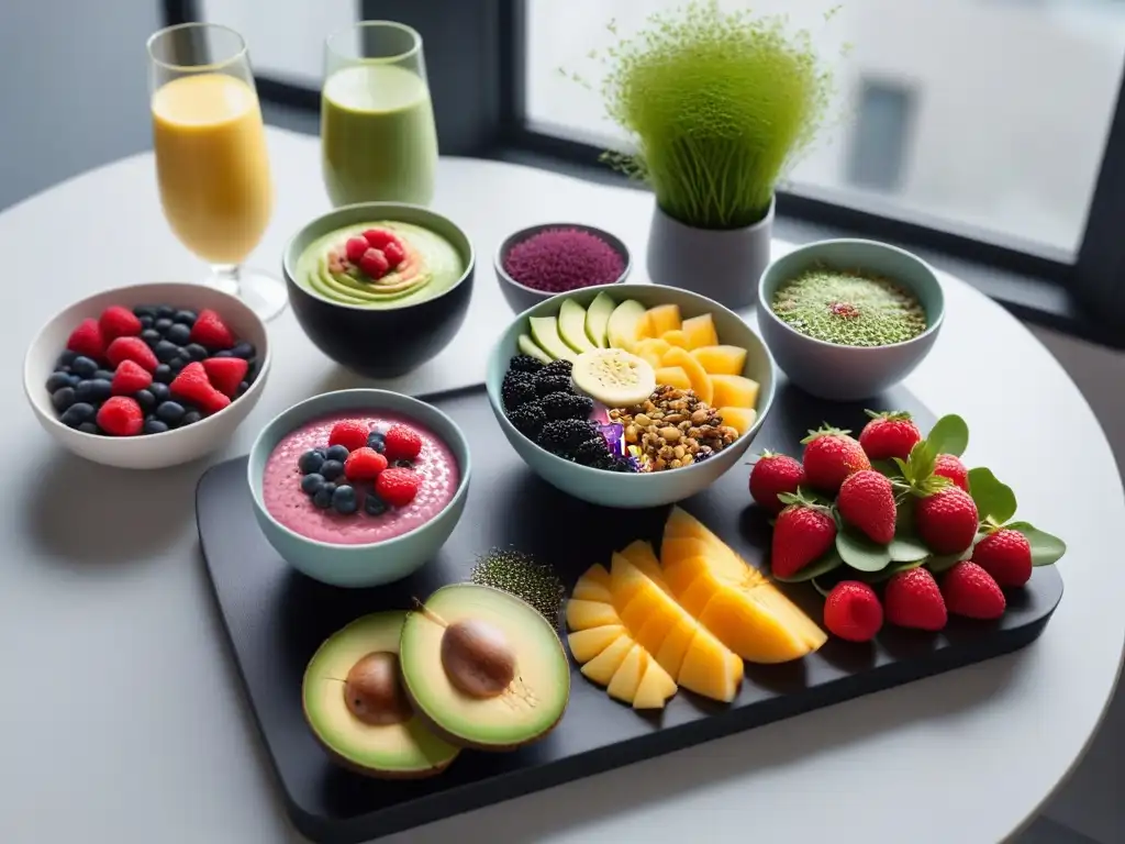 Un desayuno vegano lleno de color y creatividad en una mesa moderna y elegante