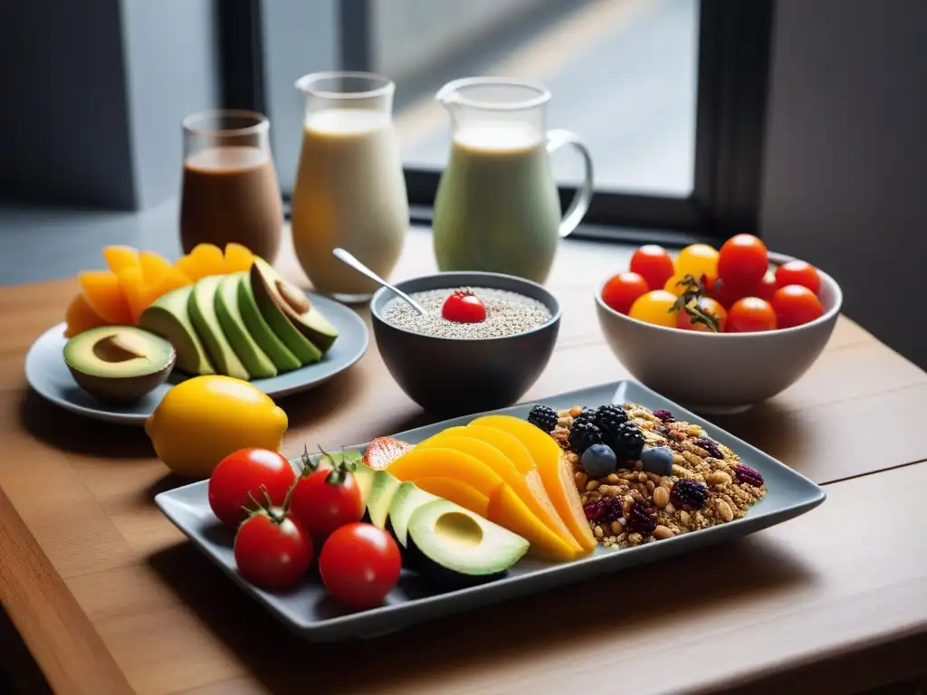 Un desayuno vegano lleno de color y frescura en una mesa moderna