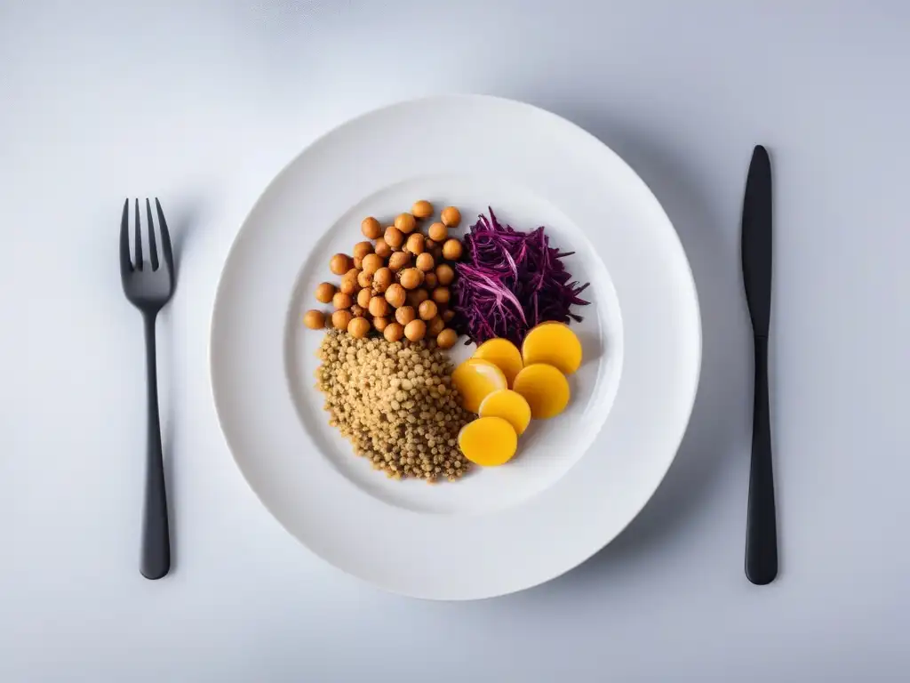 Un desayuno vegano lleno de colores y texturas con tofu, quinoa, lentejas, garbanzos, semillas de chía y almendras en un plato blanco minimalista