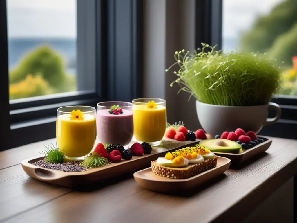 Un desayuno vegano lleno de innovadoras ideas en una mesa de madera minimalista con chía, aguacate y latte de cúrcuma