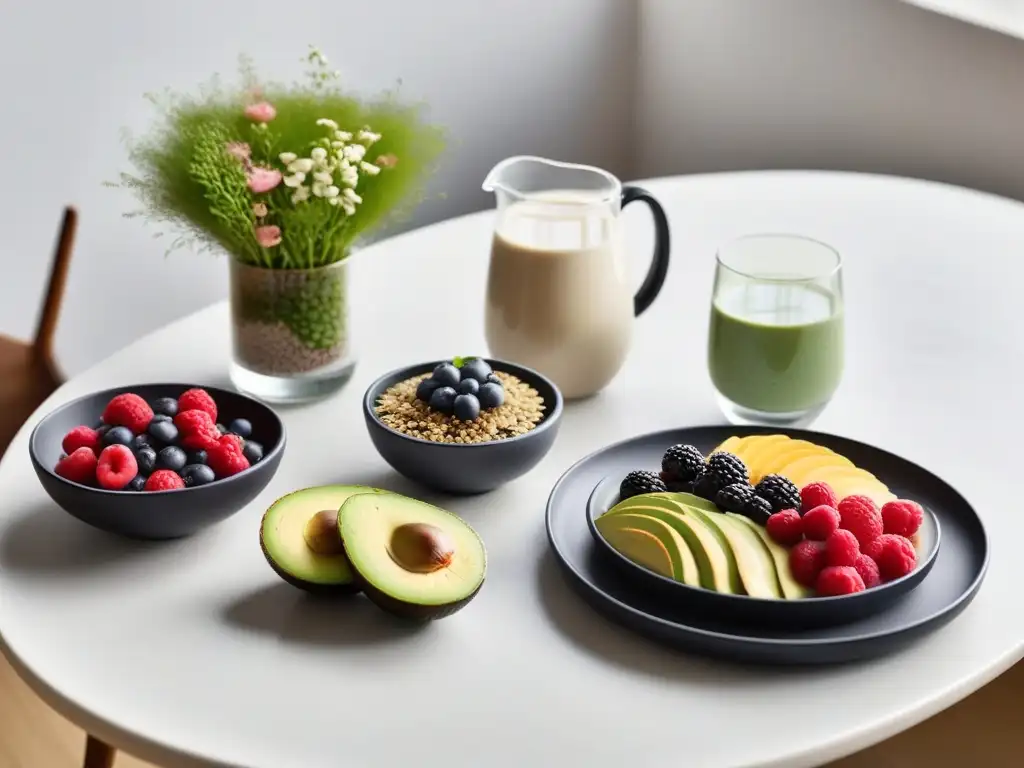 Un desayuno vegano nutritivo y energético con chía, aguacate, smoothie bowls y leches vegetales en una mesa moderna y elegante