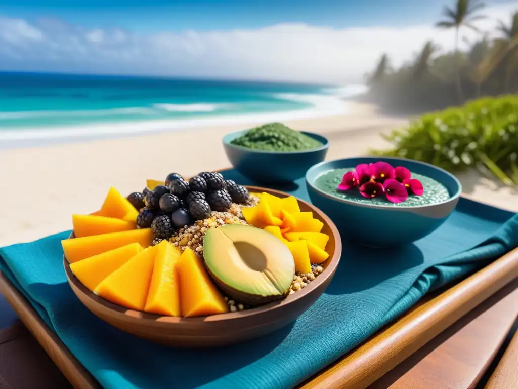 Un desayuno vegano oceánico saludable con acai, chía, algas y spirulina en la playa