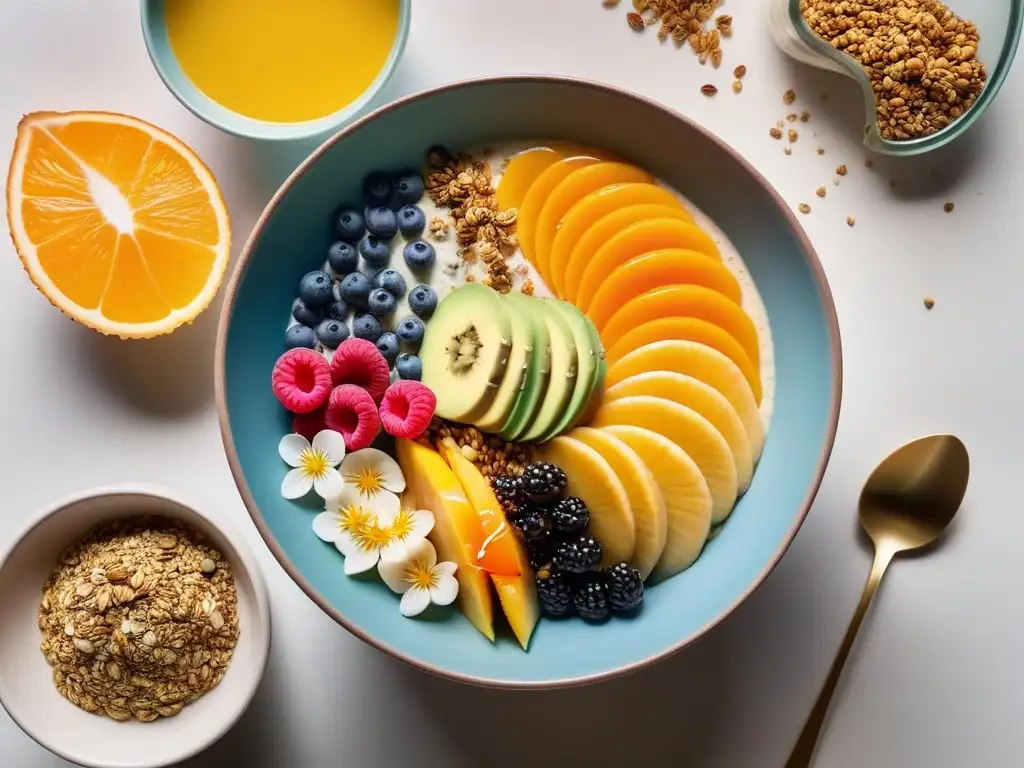 Un desayuno vegano oceánico saludable con bowls de smoothie, pudín de chía, tostadas de aguacate y yogur de coco