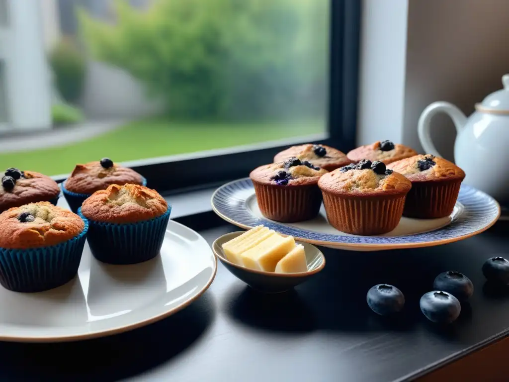 Un desayuno vegano exquisitamente preparado con bizcochos y muffins, bañados por la luz natural