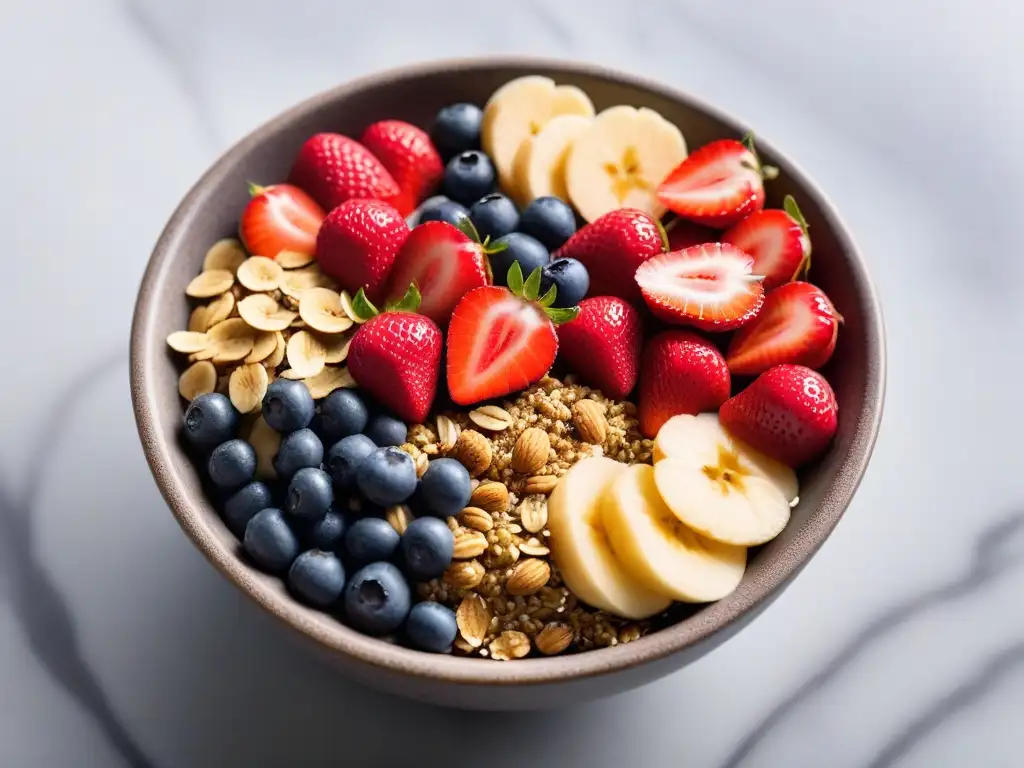 Desayuno vegano rápido y delicioso: Bowl de açaí con fresas, arándanos, granola, chía y miel dorada sobre encimera de mármol