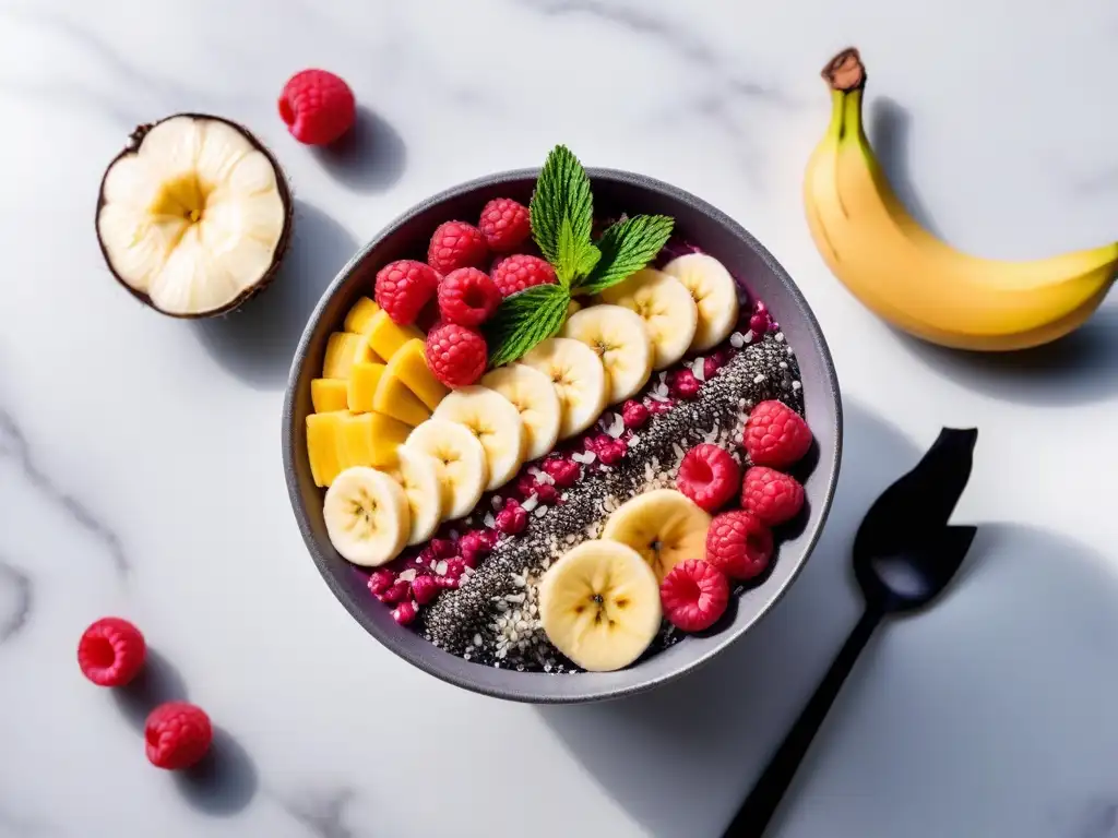 Desayuno vegano rápido y delicioso: un bol de açaí colorido con plátano, bayas, semillas de chía y coco en una encimera de mármol