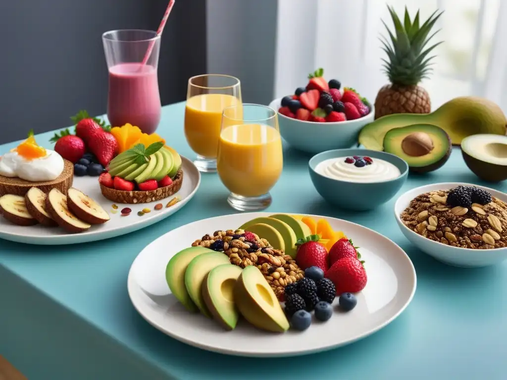 Un desayuno vegano rápido y nutritivo en una mesa moderna y elegante