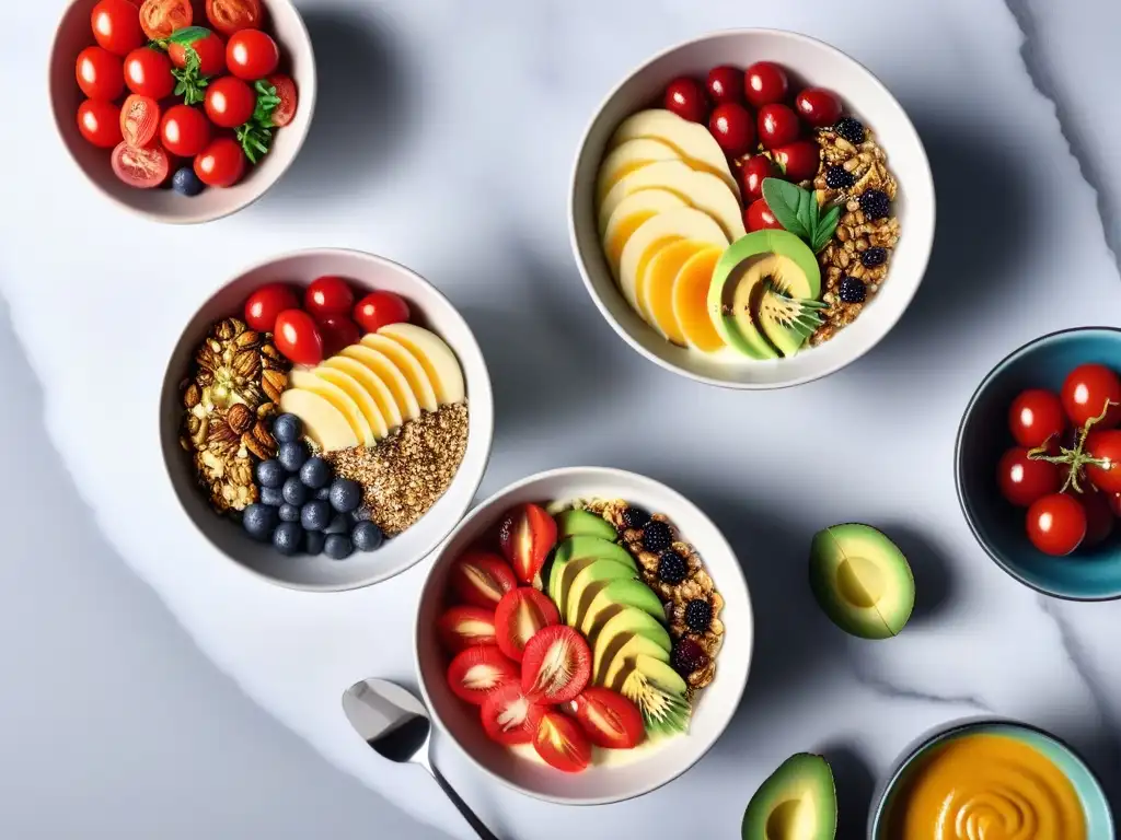 Un desayuno vegano repleto de coloridas smoothie bowls, aguacate tostado y semillas, en una elegante mesa de mármol