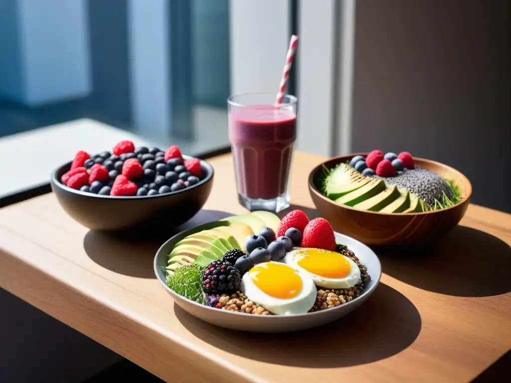 Un desayuno vegano saludable con beneficios, lleno de colores y frescura en una mesa de madera moderna