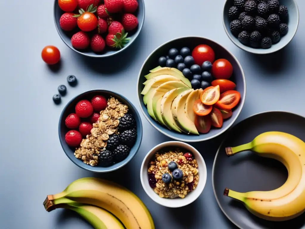 Un desayuno vegano saludable y colorido en mesa minimalista con chía, aguacate, açaí y frutas frescas, resaltando beneficios