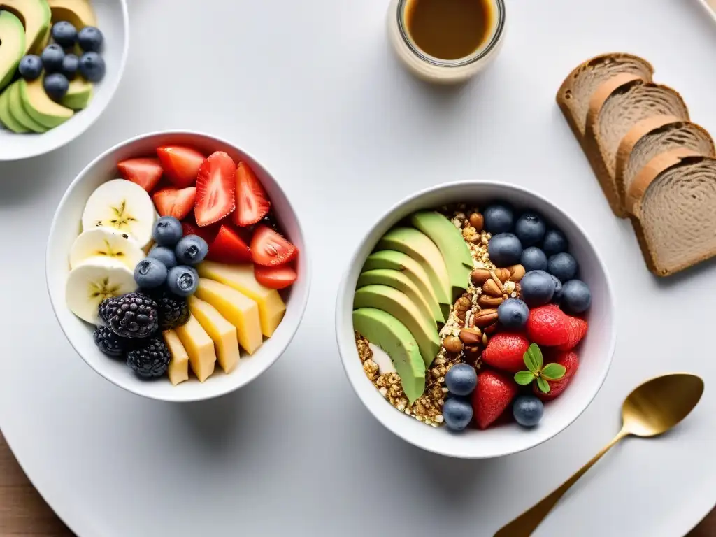 Un desayuno vegano saludable lleno de color y nutrientes en una escena apetitosa y fresca