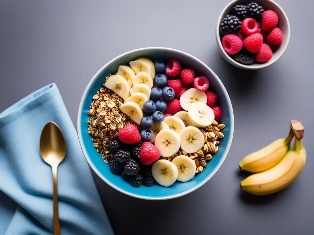 Un desayuno vegano con semillas omega en un tazón colorido y detallado, repleto de delicias