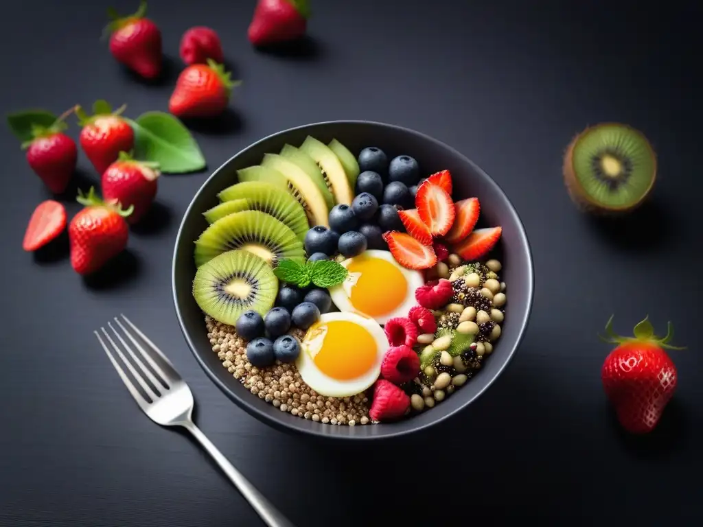 Desayuno vegano con superalimentos: bowl vibrante con acai, chía, bayas, semillas y frutas frescas en mesa de madera moderna