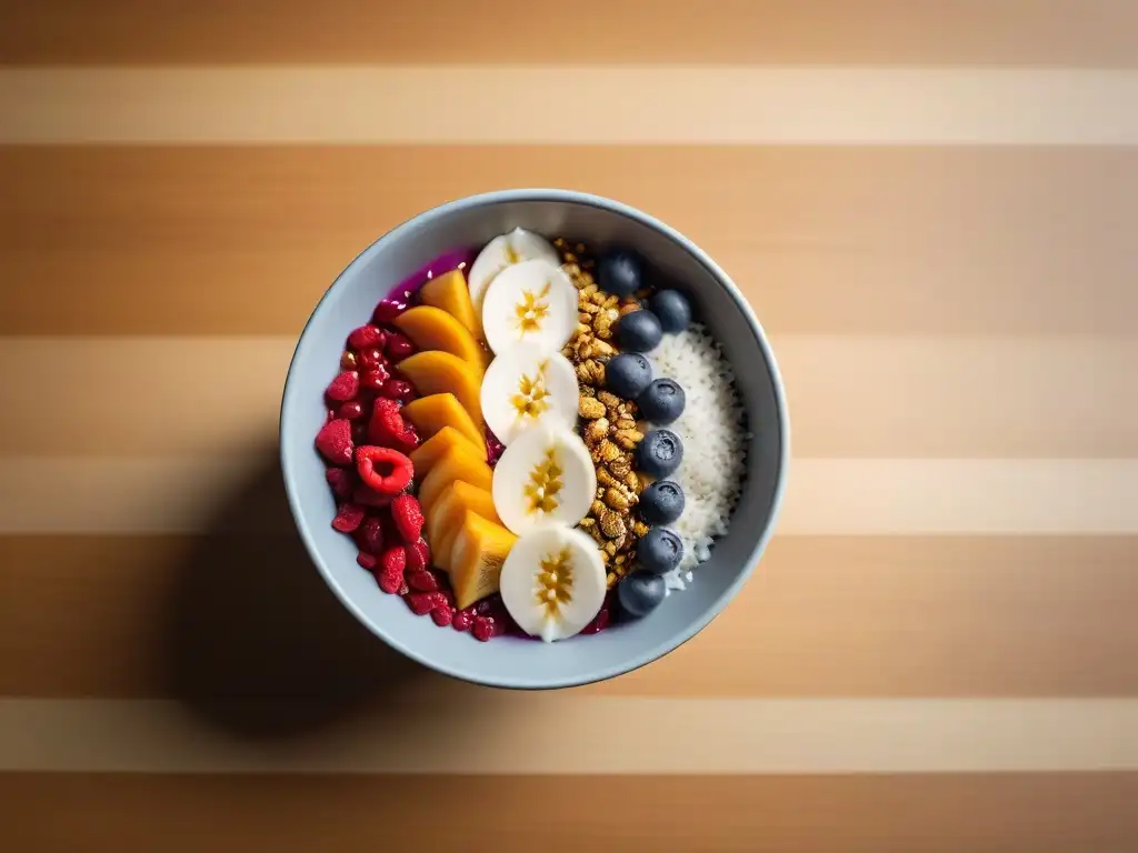 Un desayuno vegano con superalimentos vibrantes y coloridos: fruta del dragón, semillas de chía, bayas y coco en un bowl sobre mesa de madera clara