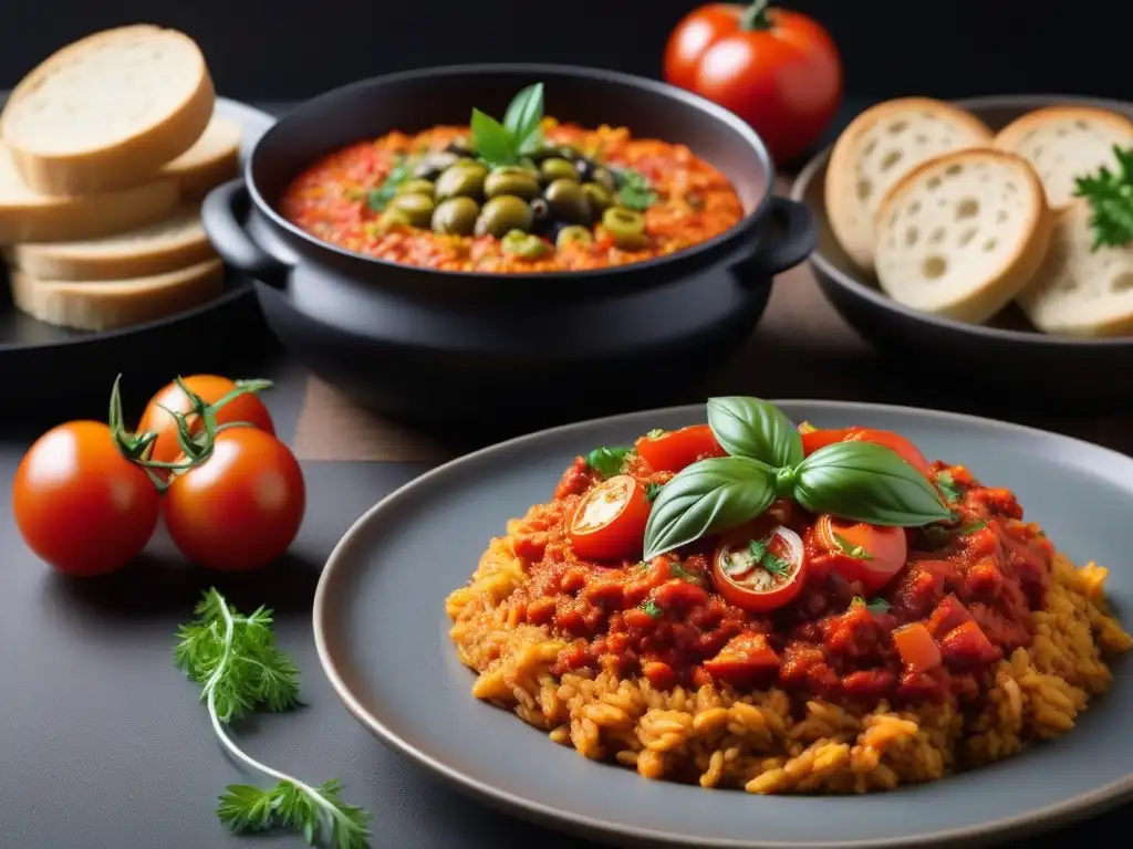 Un desayuno vegano turco vibrante y detallado sin huevos, con un plato moderno