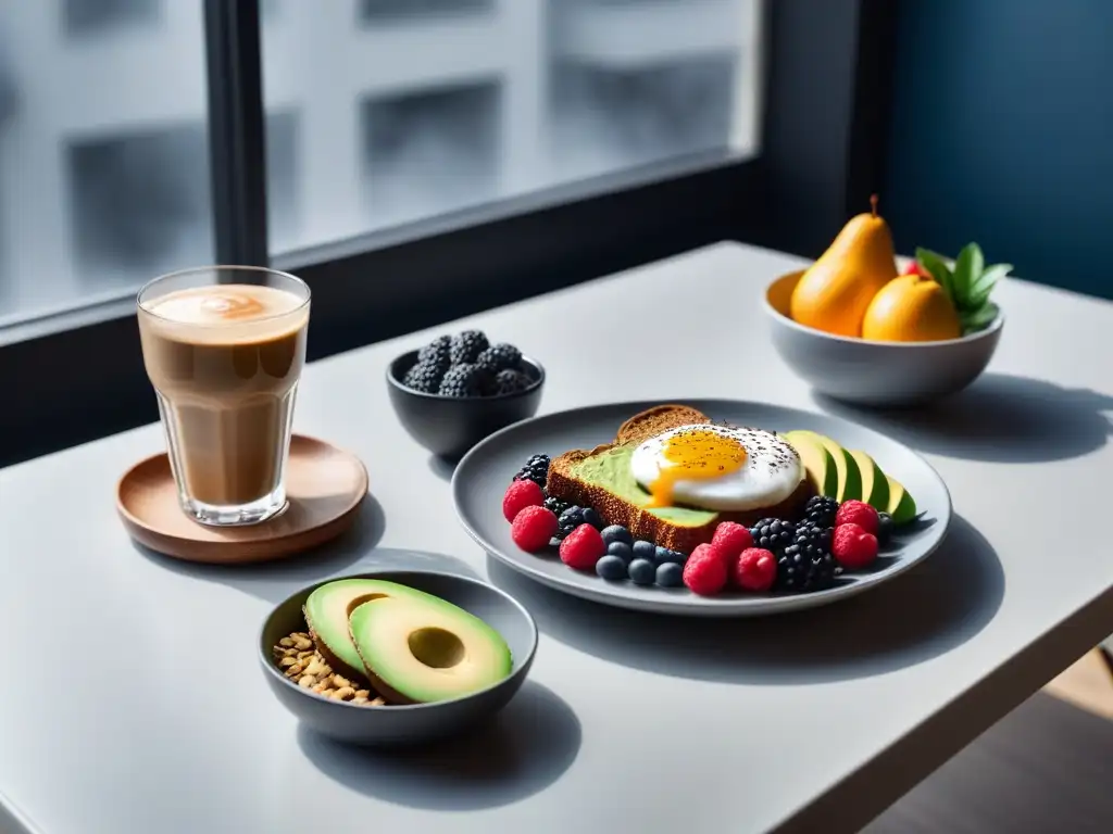 Un desayuno vegano vibrante y apetitoso en una mesa moderna