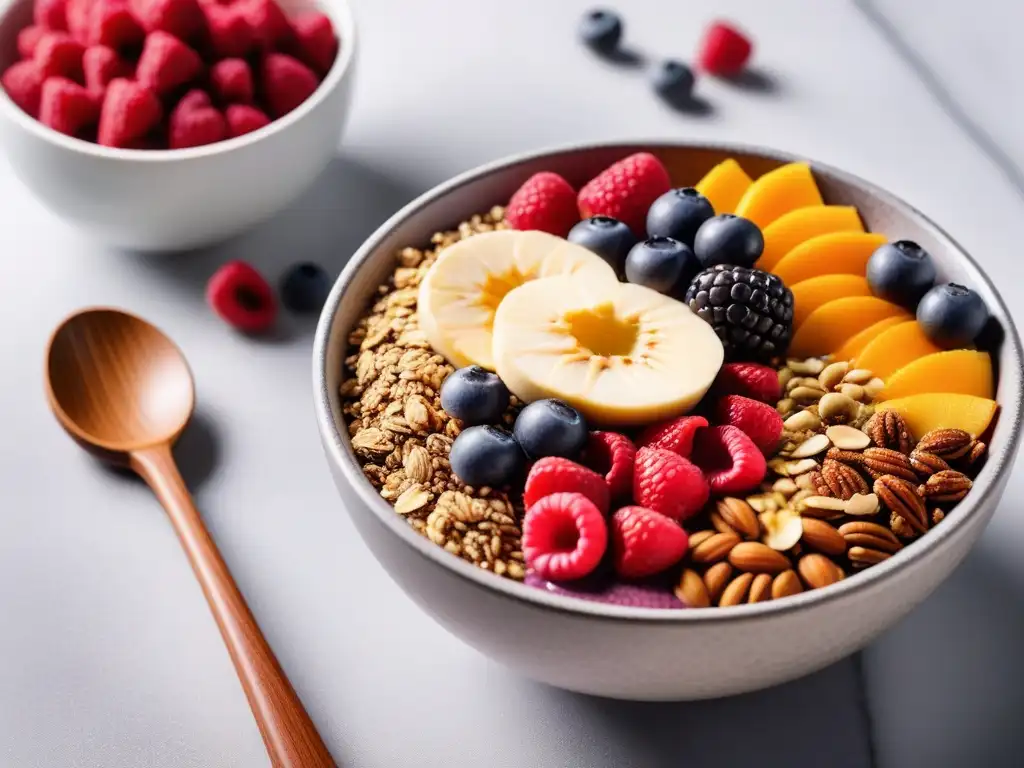 Un desayuno vegano con superfoods: un vibrante bowl de açaí con bayas frescas, semillas de chía, coco y granola sobre una encimera de mármol