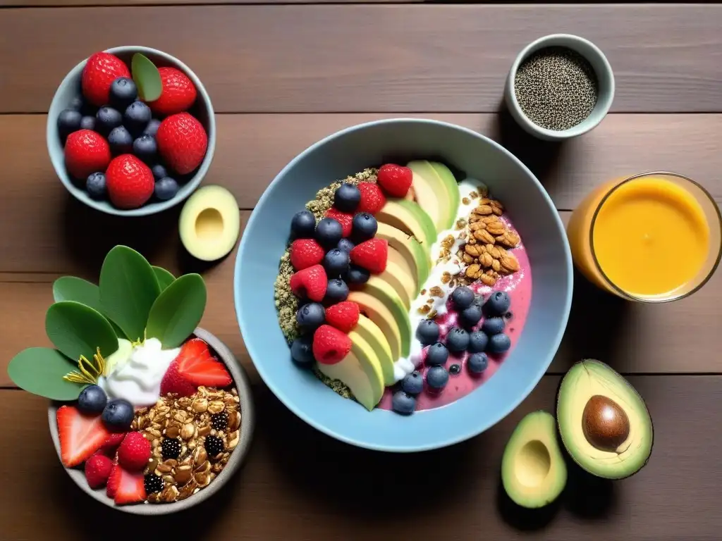 Un desayuno vegano vibrante y colorido con chía, aguacate, coco y frutas tropicales en una mesa de madera