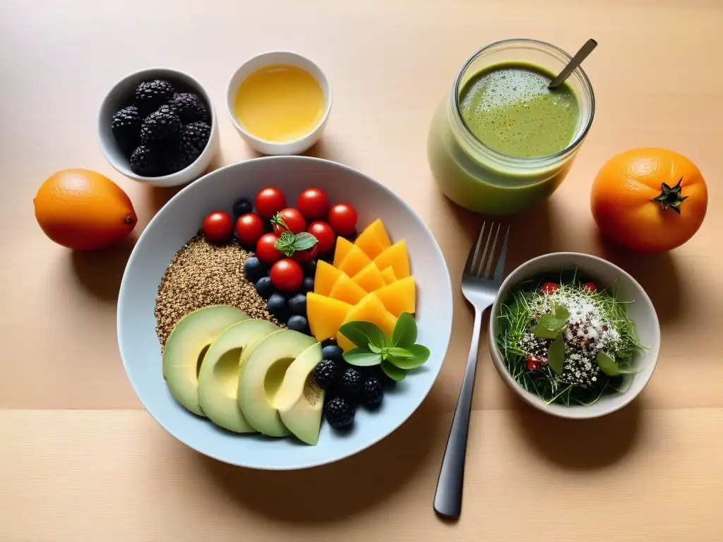 Un desayuno vegano vibrante y creativo en una mesa de madera moderna