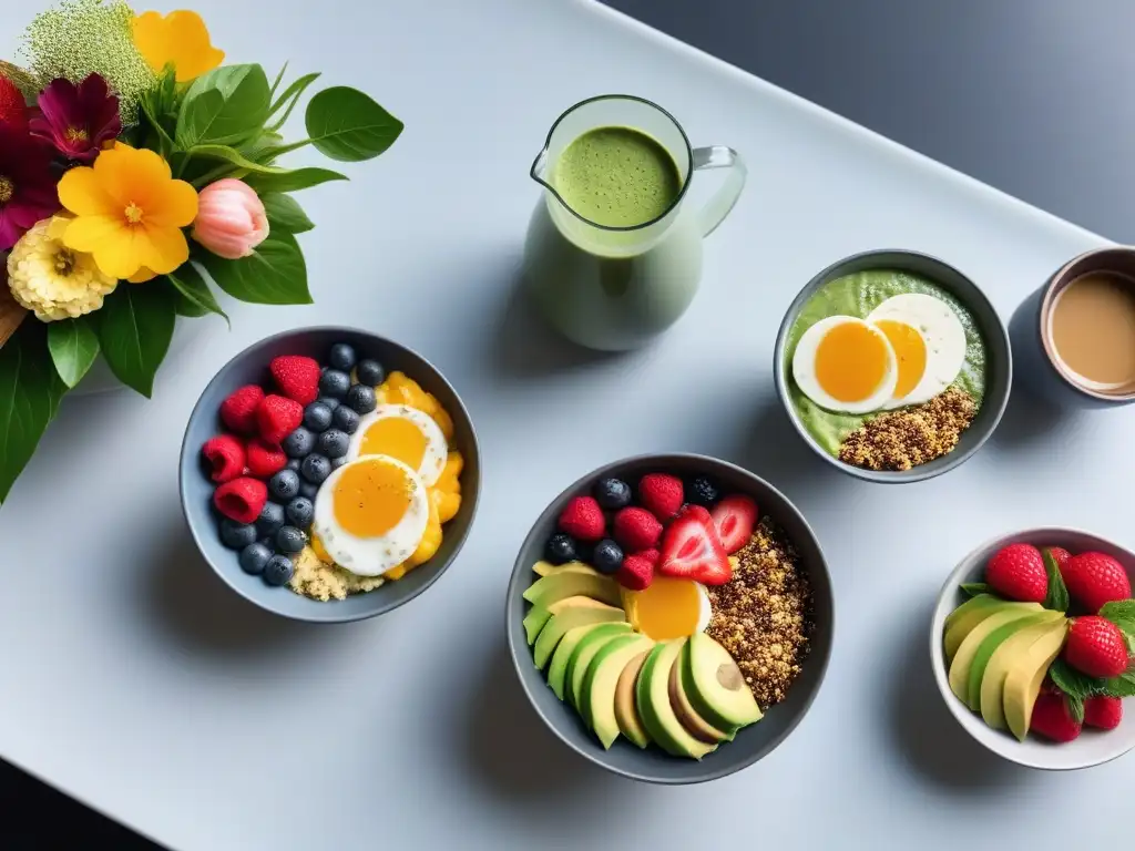 Un desayuno vegano vibrante y saludable en una mesa elegantemente decorada con libros de cocina vegana desayunos energía