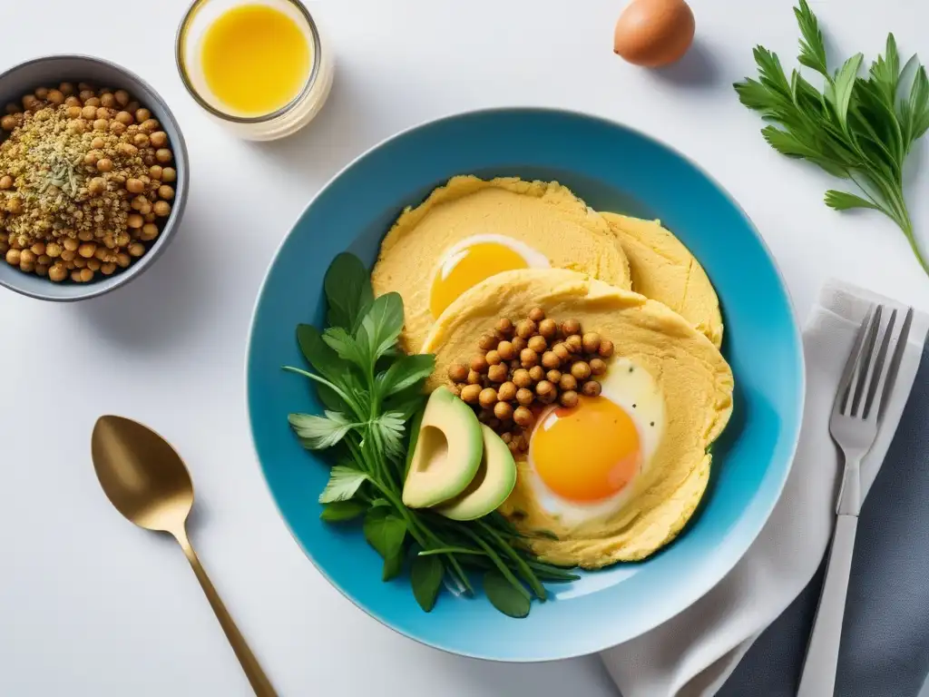 Desayuno vegano vibrante con sustitutos de huevo: tofu revuelto, tortilla de harina de garbanzo y reemplazo de huevo de linaza