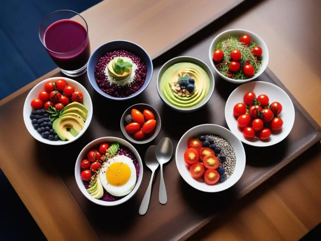 Desayunos veganos completos saludables en mesa de madera con acai bowls, chía pudding, jugos frescos y luz natural brillante