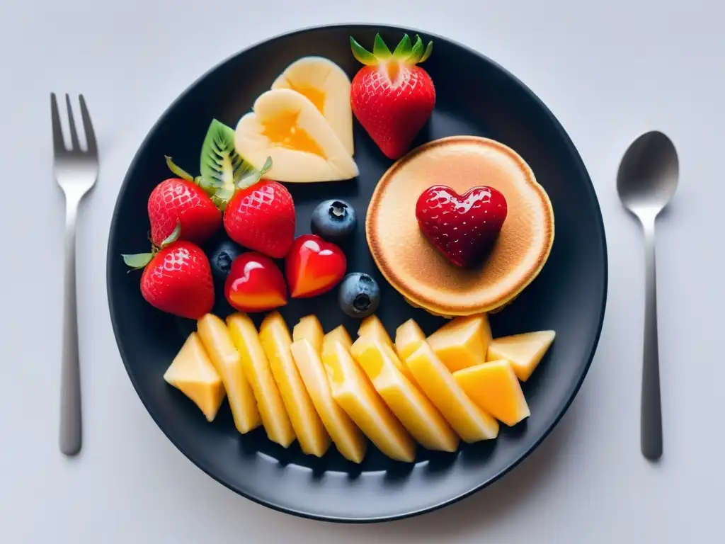 Desayunos veganos divertidos y saludables para niños, con frutas coloridas y pancakes