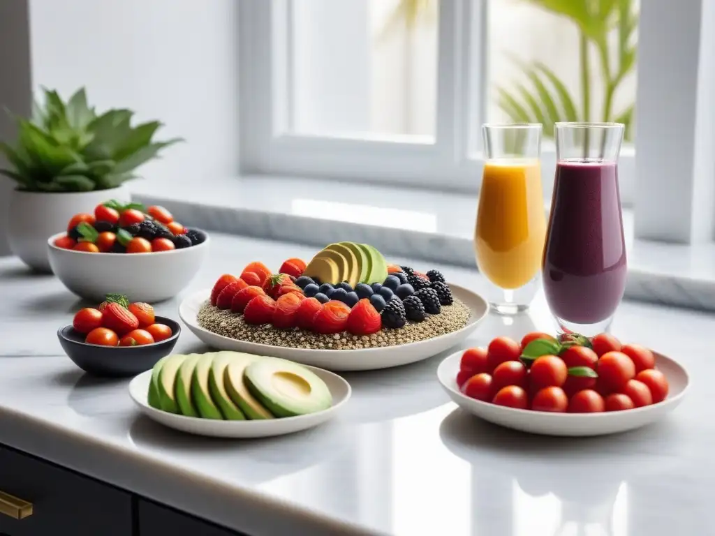 Desayunos veganos energéticos y deliciosos dispuestos en una elegante encimera de mármol blanco, resaltando colores vibrantes