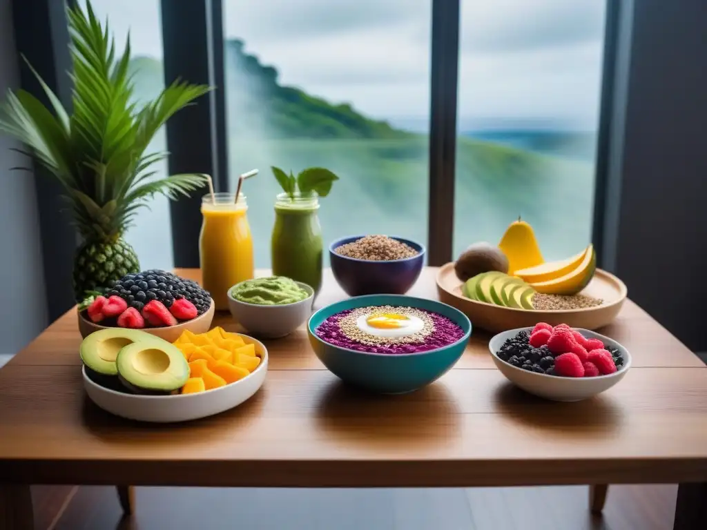 Desayunos veganos energéticos y deliciosos en mesa de madera con luz natural