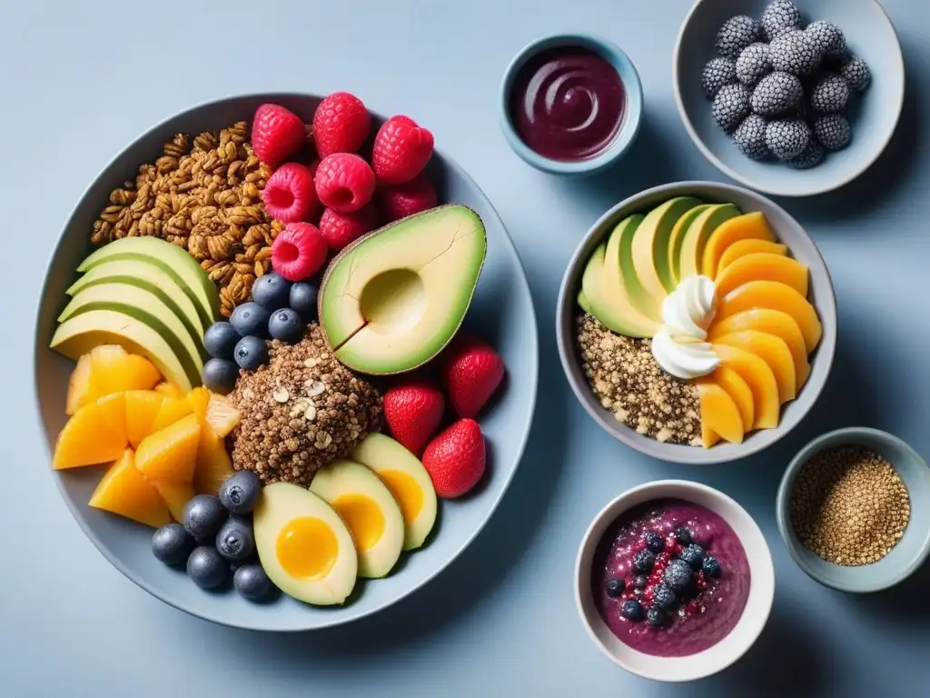 Desayunos veganos energizantes: acai, chía, aguacate y frutas frescas Desayunos veganos energéticos con acai bowls, chia pudding y frutas frescas en mesa minimalista