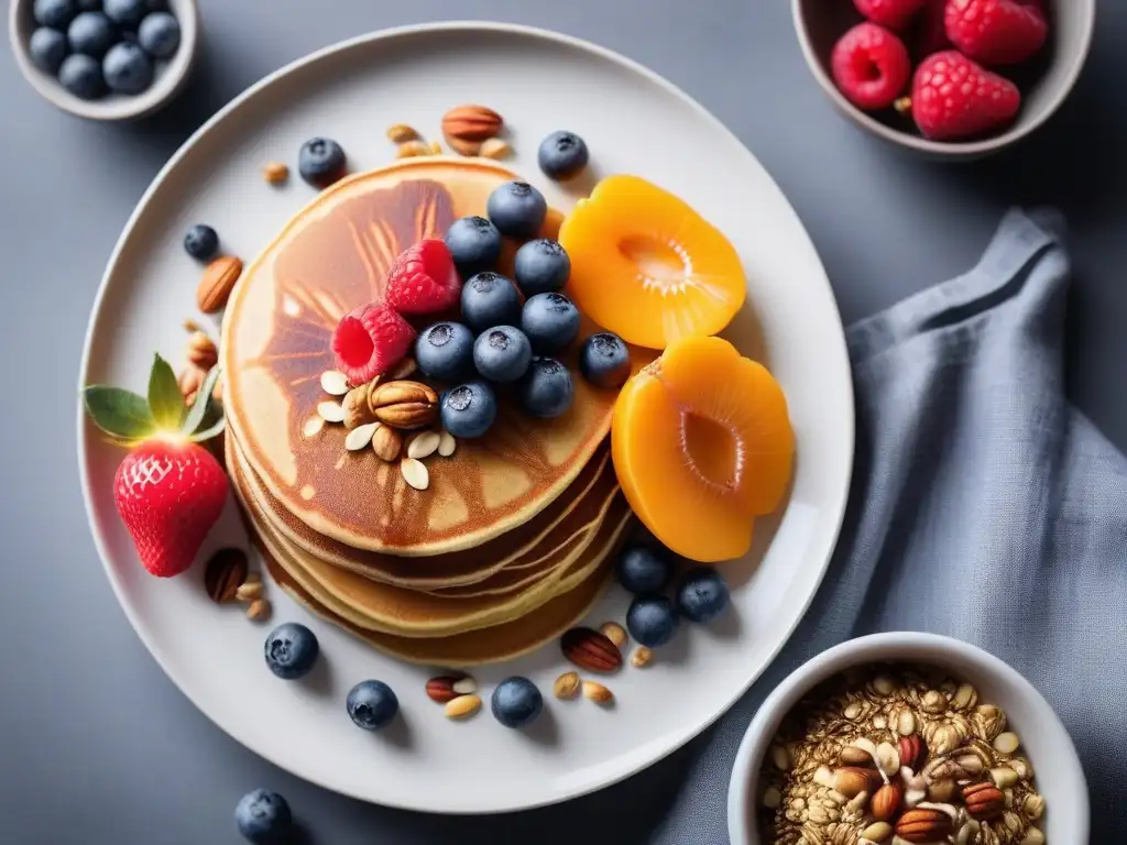 Desayunos veganos sin gluten deliciosos en un despliegue vibrante y elegante de frutas, nueces y semillas