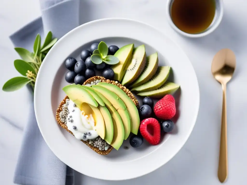 Desayunos veganos sin gluten deliciosos: despliegue exquisito con chía, aguacate, coco y kiwi en mármol minimalista