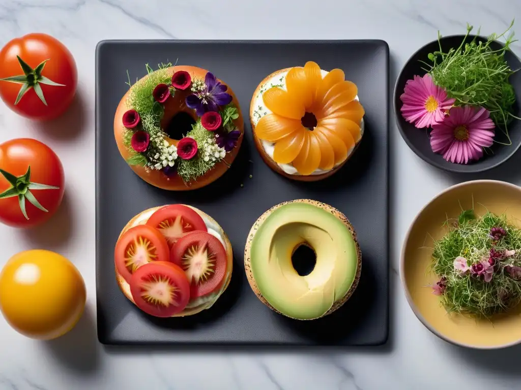 Desayunos veganos gourmet con bagels en plato cerámico sobre mármol iluminado naturalmente